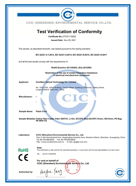 Κίνα Carefiber Optical Technology (Shenzhen) Co., Ltd. Πιστοποιήσεις
